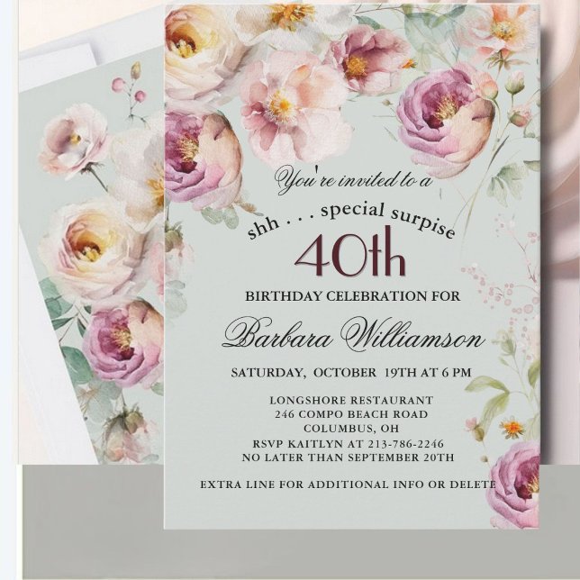 Elegant Painted Floral Surprise 40th Birthday  Invitation (Creator Uploaded)