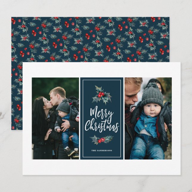 Elegant Painted Holly | Christmas Blue Two Photo Holiday Card (Front/Back)