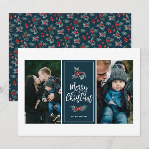 Elegant Painted Holly   Christmas Blue Two Photo Holiday Card