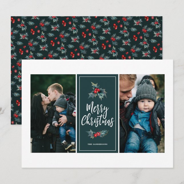 Elegant Painted Holly | Christmas Green Two Photo Holiday Card (Front/Back)