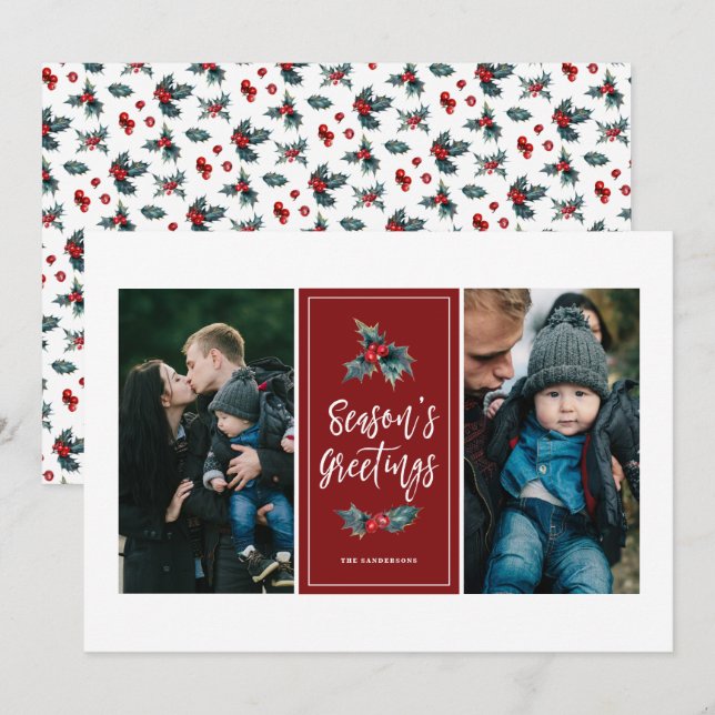 Elegant Painted Holly | Greetings Red Two Photo Holiday Card (Front/Back)