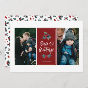 Elegant Painted Holly Greetings Red Two Photo Holiday Card