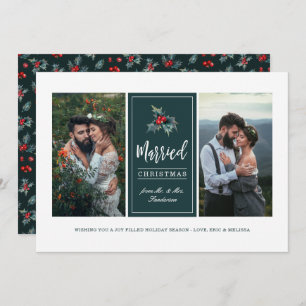 Elegant Painted Holly   Married Christmas Photo Holiday Card