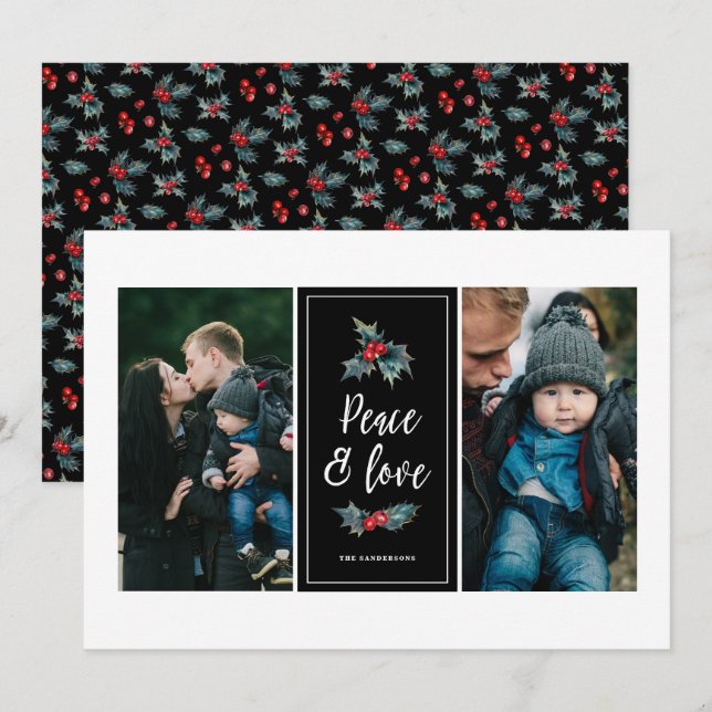 Elegant Painted Holly | Peace Love Black Two Photo Holiday Card (Front/Back)