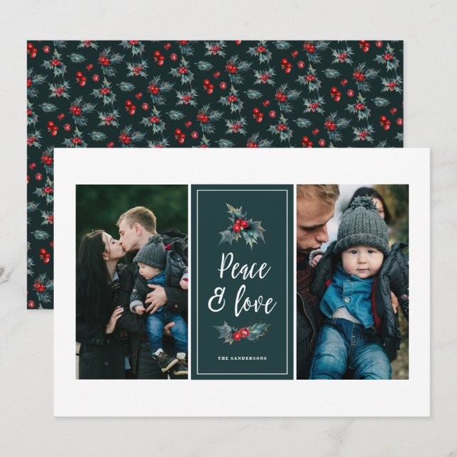Elegant Painted Holly | Peace Love Green Two Photo Holiday Card (Front/Back)