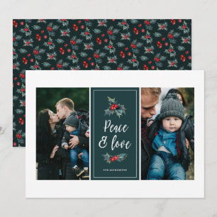 Elegant Painted Holly Peace Love Green Two Photo Holiday Card