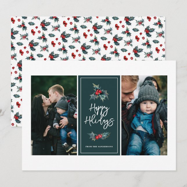 Elegant Painted Holly Two Photo Happy Holidays  Holiday Card (Front/Back)