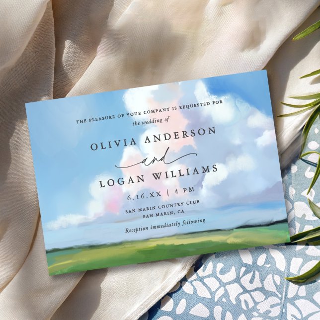 Elegant Painted Landscape Blue Sky Clouds Wedding Invitation (Creator Uploaded)