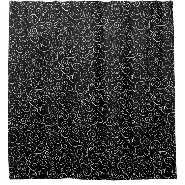 Elegant Painted White Scrolling Curves on Black Shower Curtain (Front)