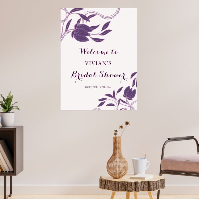 Elegant Paisley Purple Bridal Shower Welcome Poster (Living Room 3)