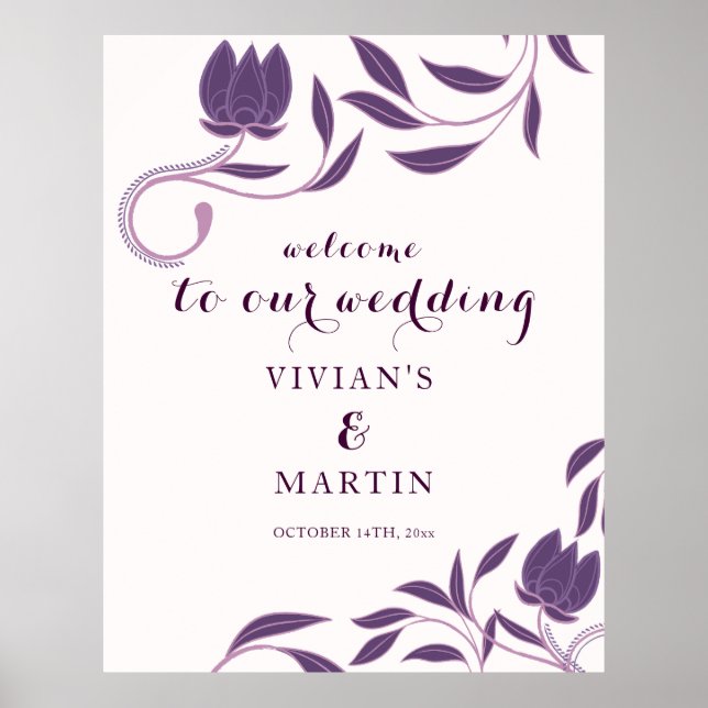Elegant Paisley Purple Floral Wedding Welcome Poster (Front)