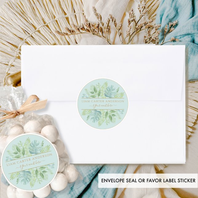Elegant Pale Blue and Green Watercolor Greenery Classic Round Sticker (Creator Uploaded)
