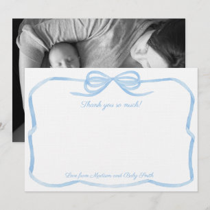 Elegant Pale Blue Bow Boy Baby Shower Photo Thank You Card