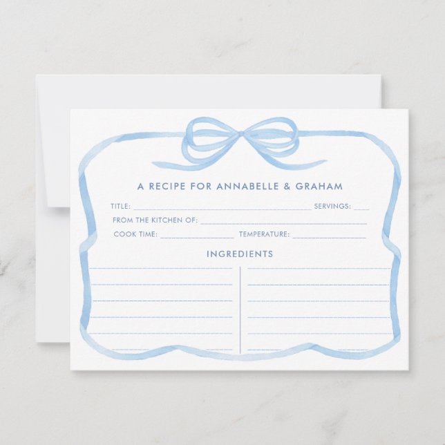 Elegant Pale Blue Bow Bridal Shower Recipe Card (Front)