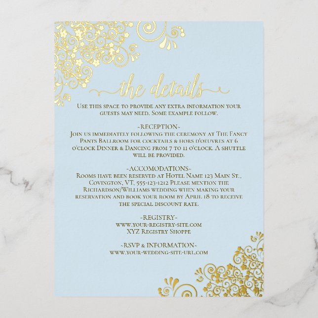 Elegant Pale Blue & Gold Foil Wedding Details Card (Front)