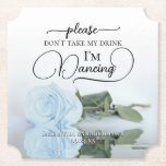 Elegant Pale Blue Rose Don't Take My Drink Wedding Paper Coaster<br><div class="desc">This wedding coaster is elegant, stylish, and fun! It features a photo of a single long-stemmed powder blue or pale dusty blue coloured rose lying on its side mirrored in a pool of water. The text reads "Please don't take my drink, I'm dancing" written in modern script lettering. There is...</div>