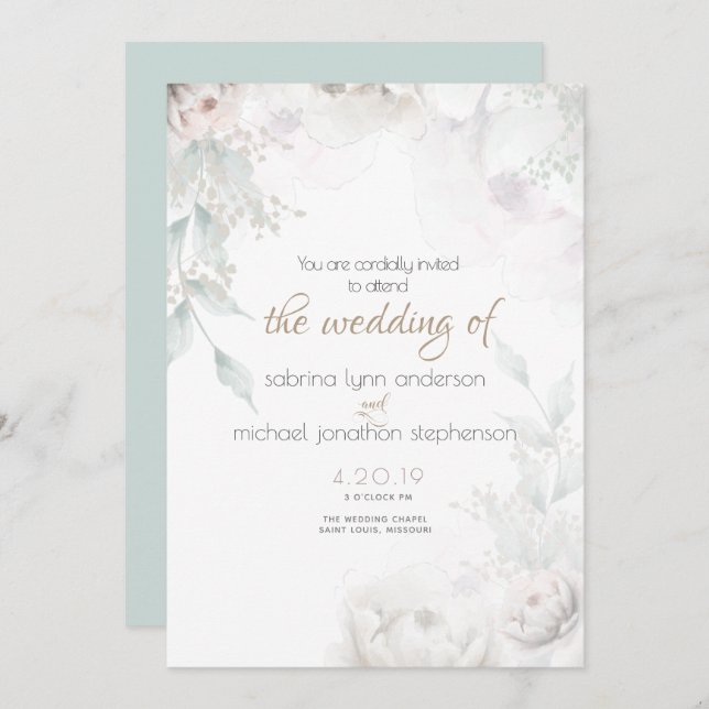 Elegant Pale Blush Coral And White Peonies Invitation (Front/Back)