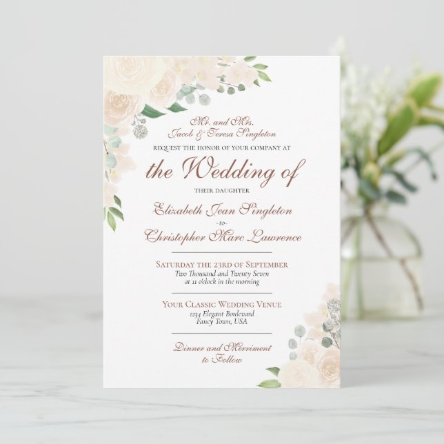 Elegant Pale Blush Peach Floral Formal Wedding Invitation (Standing Front)