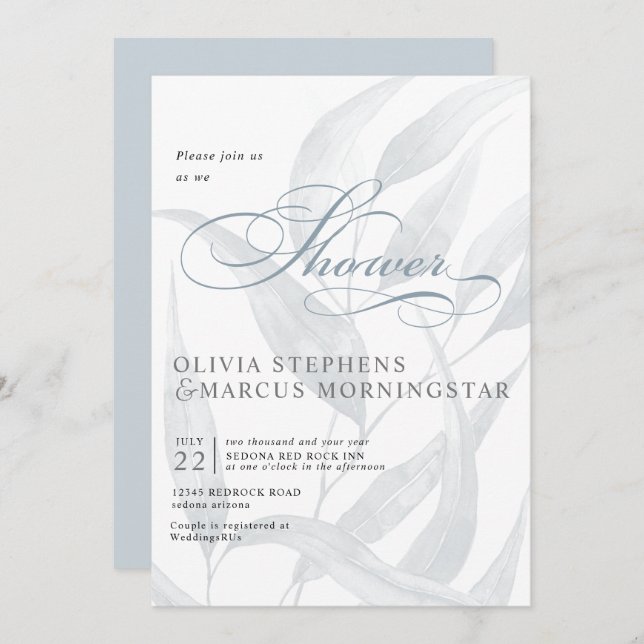 Elegant Pale Dusty Blue Eucalyptus Leaves Invitation (Front/Back)