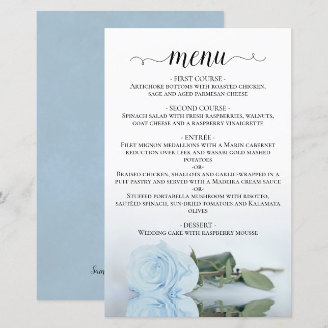 Elegant Pale Dusty Blue Rose Budget Wedding Menu (Front/Back)
