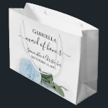 Elegant Pale Dusty Blue Rose Maid of Honour Weddin Large Gift Bag<br><div class="desc">These beautiful gift bags are designed as a wedding gift or favour bag for your Maid of Honour. They feature a simple yet stunning design with a long stemmed pale dusty blue coloured rose lying on its side. The title "Maid of Honour" written in fancy script letters with swashes on...</div>