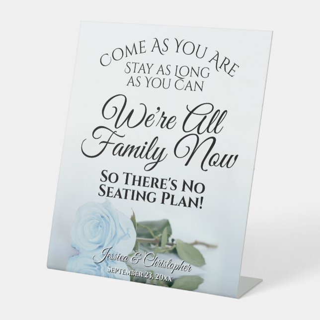 Elegant Pale Dusty Blue Rose Open Seating Wedding Pedestal Sign (Front)