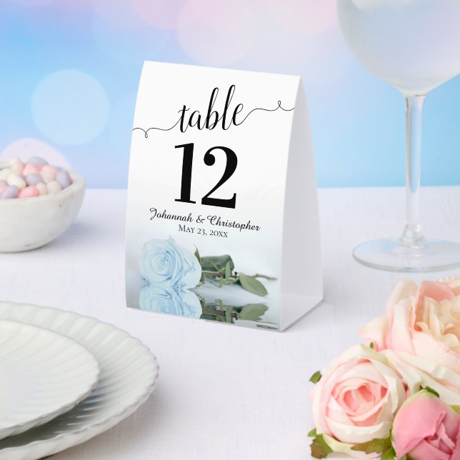 Elegant Pale Dusty Blue Rose Wedding Table Number (Insitu(Wedding))