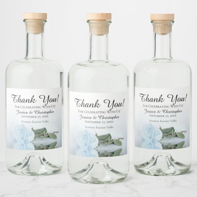Elegant Pale Dusty Blue Rose Wedding Thank You Liquor Bottle Label (Bottles)