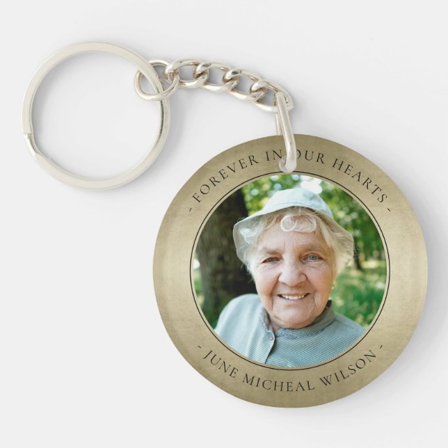 Elegant Pale Gold Foil Sympathy Memorial Photo Key Ring (Front)