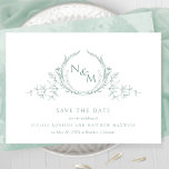 Elegant Pale Green Watercolor Monogram Save The Date<br><div class="desc">Announce your wedding date with this striking wedding save the date card featuring exquisite hand drawn botanical monogram elegantly framing couples initials in pale green hues. Simple, elegant, timeless and clean style. Back with beautiful watercolor wash background in pale green, sage and mint light green hues and extra text sections...</div>