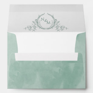 Elegant Pale Green Watercolor Monogram Wedding Envelope