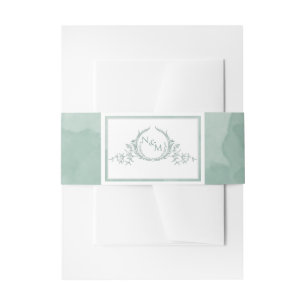 Elegant Pale Green Watercolor, Monogram Wedding Invitation Belly Band