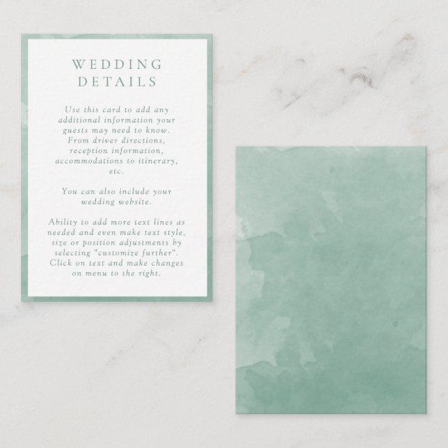 Elegant Pale Green Watercolor Wedding Details Enclosure Card (Front/Back)
