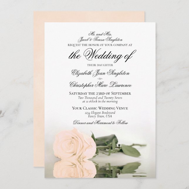Elegant Pale Orange or Peach Rose Formal Wedding Invitation (Front/Back)