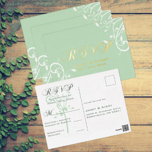 Elegant Pale Pastel Green RSVP Foil Postcard