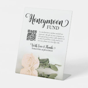 Elegant Pale Peach Rose Honeymoon Fund QR Code Pedestal Sign