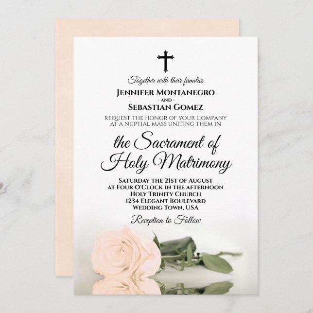 Elegant Pale Peach Rose Modern Catholic Wedding Invitation (Front/Back)