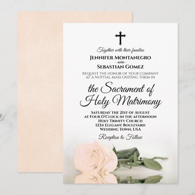 Elegant Pale Peach Rose Modern Catholic Wedding Invitation (Front/Back)