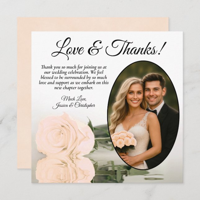 Elegant Pale Peach Rose with Oval Photo Wedding Thank You Card (Front/Back)