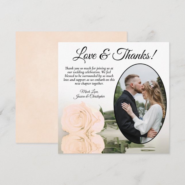 Elegant Pale Peach Rose with Oval Photo Wedding Thank You Card (Front/Back)