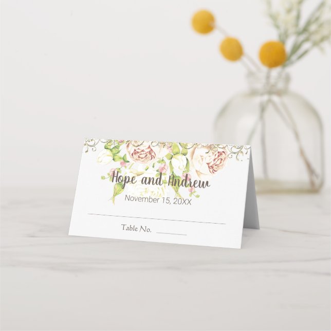 Elegant Pale Pink and Gold Rose Floral Wedding Place Card (Back)