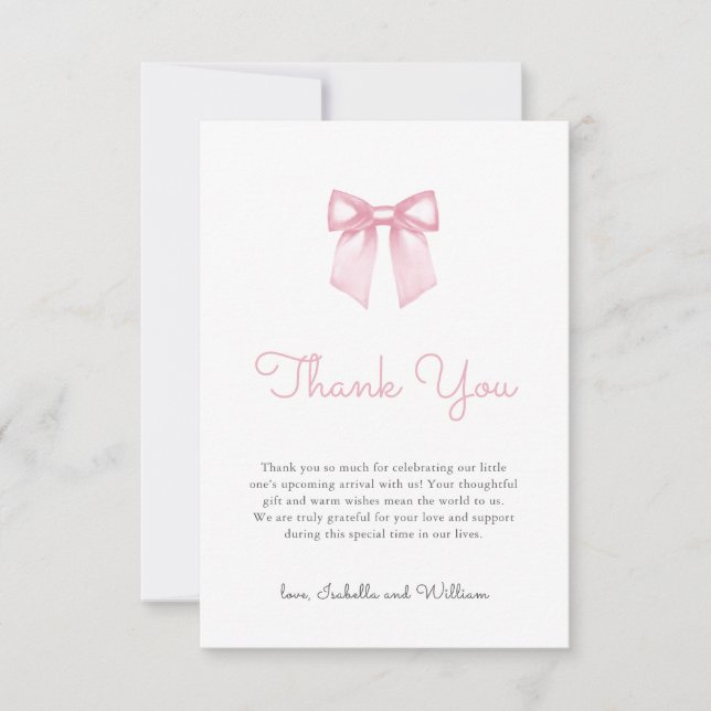 Elegant Pale Pink Bow Baby Shower Thank You Card (Front)