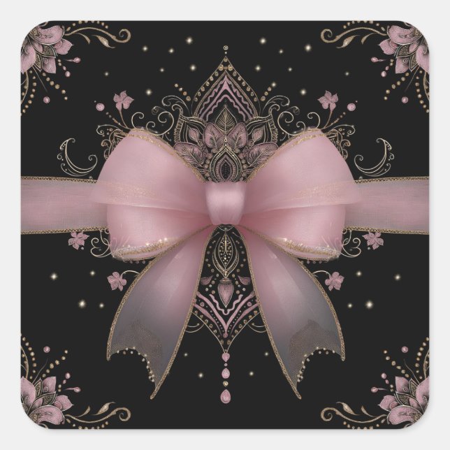 Elegant Pale Pink Bow with Indian Floral Design Square Sticker (Front)
