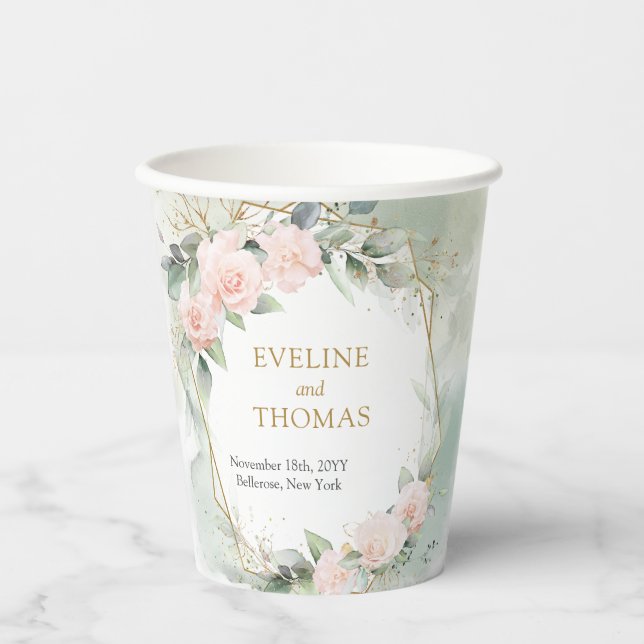 Elegant pale pink roses eucalyptus & gold wedding paper cups (Front)