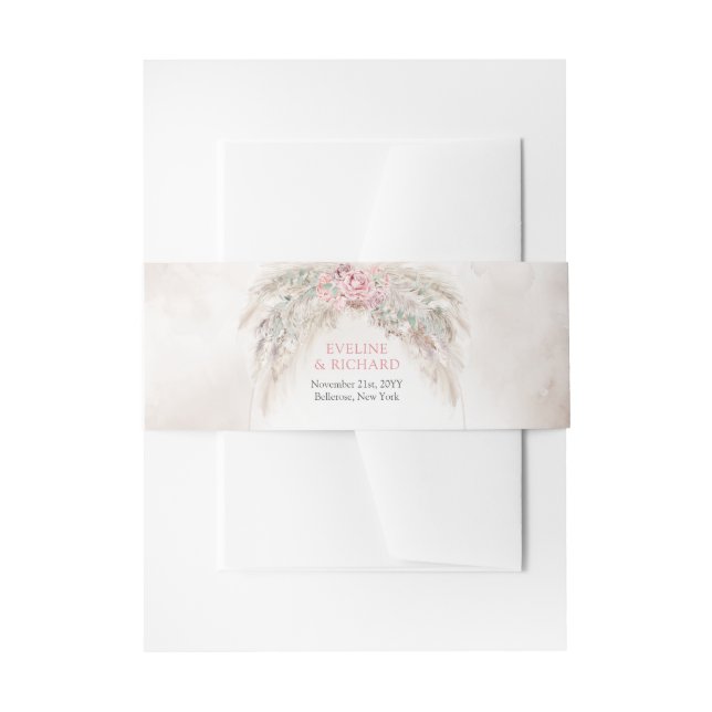 Elegant pale pink roses pampas and sage greenery  invitation belly band (Front Example)
