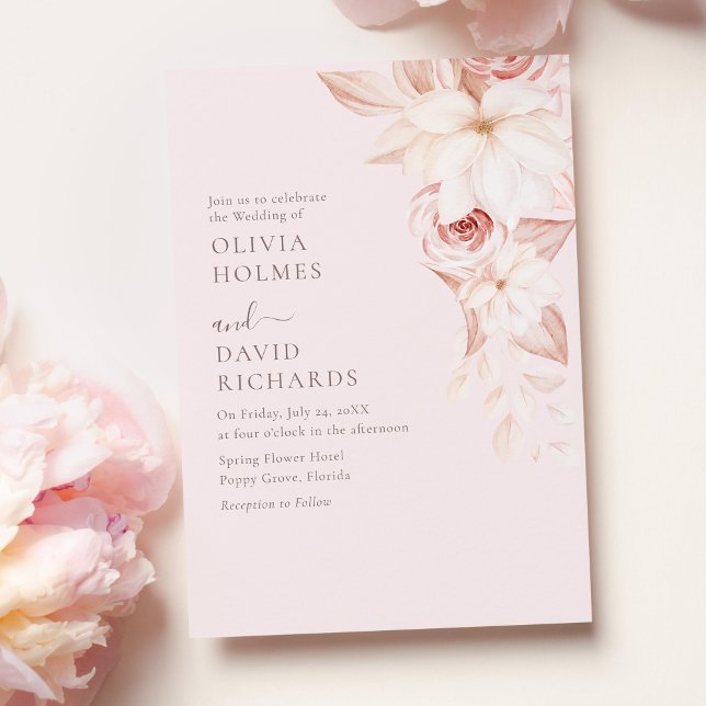 Elegant Pale Pink Roses Wedding Invitation (Elegant Pale Pink Roses Wedding Invitation on a table with pink roses.)