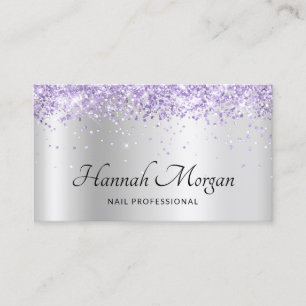 Elegant Pale Silver Ombre Foil Purple Glitter Business Card