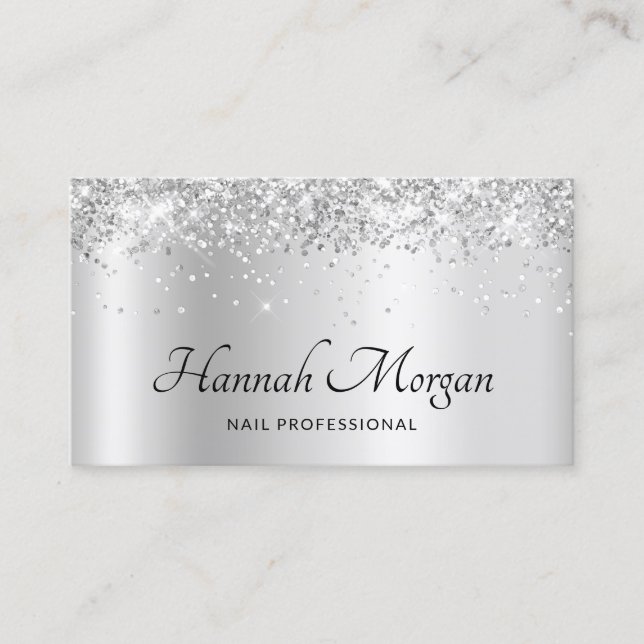 Elegant Pale Silver Satin Ombre Foil and Glitter Business Card (Front)