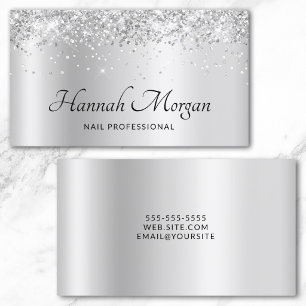 Elegant Pale Silver Satin Ombre Foil and Glitter Business Card