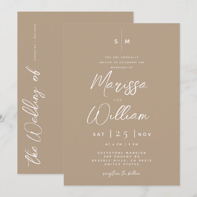 Elegant Pale Taupe & White Modern Script Wedding Invitation (Front/Back)